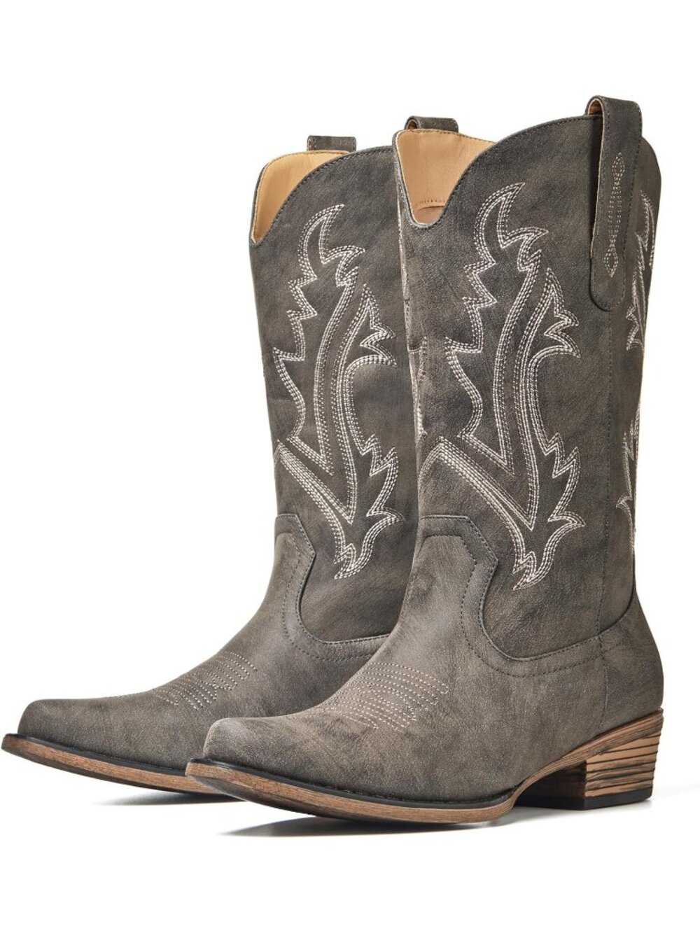 Women's Charcoal Grey Embroidered Pull On Block Heel Pointed Toe Cowgirl Boots